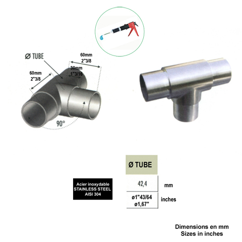 Connecteur en T de tube rond 42,4mm INOX304 Connecteur tube rond INOX304 Connecteurs de tube 