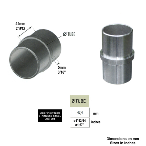 Connecteur droit jonction de tube rond 42,4mm INOX304 Connecteur tube rond INOX304 Connecteurs