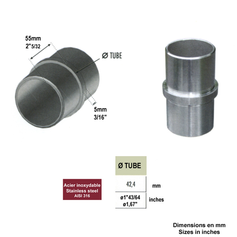 Connecteur droit jonction de tube rond 42,4mm INOX316 Connecteur tube rond INOX316 Connecteurs