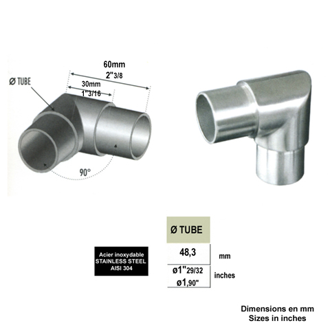 Connecteur en angle coud 90 48,3mm INOX304 Connecteur tube rond INOX304 Connecteurs de tube 