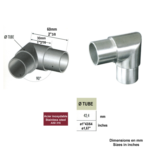 Connecteur en angle coud 90 42,4mm INOX316 Connecteur tube rond INOX316 Connecteurs de tube 