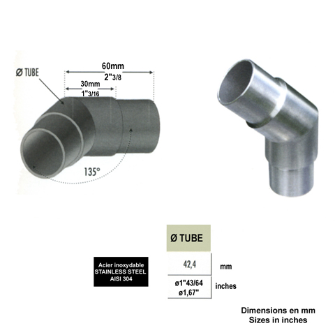 Connecteur en angle coud 135 42,4mm INOX304 Connecteur tube rond INOX304 Connecteurs de tube