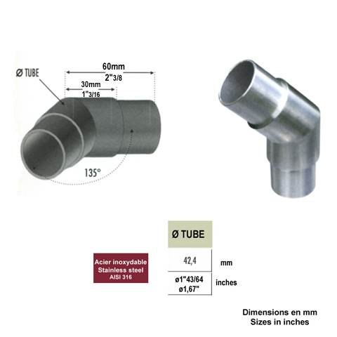 Connecteur en angle coud 135 42,4mm INOX316 Connecteur tube rond INOX316 Connecteurs de tube