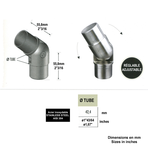 Connecteur orientable 42,4mm INOX304 Connecteur tube rond INOX304 Connecteurs de tube INOX