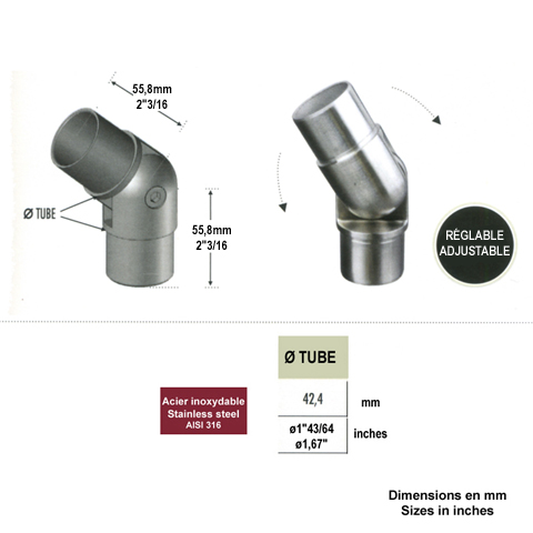 Connecteur orientable 42,4mm INOX316 Connecteur tube rond INOX316 Connecteurs de tube INOX