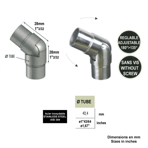 Connecteur orientable 135  180 42,4mm INOX304 Connecteur tube rond INOX304 Connecteurs de tu