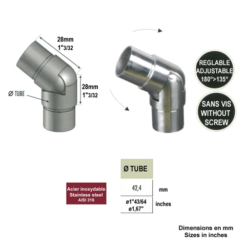 Connecteur orientable 135 180 42,4mm INOX316 Connecteur tube rond INOX316 Connecteurs de tu