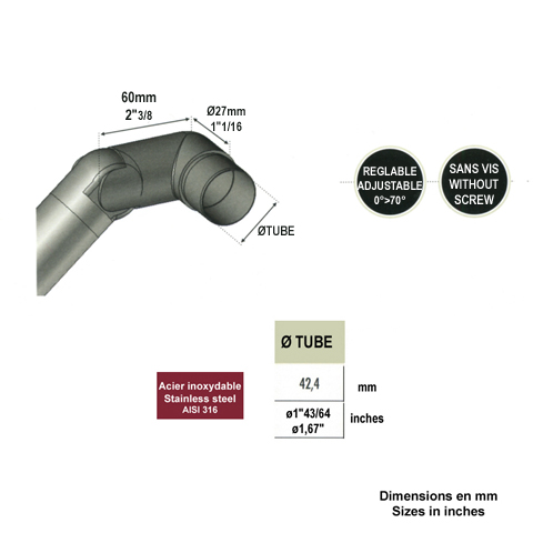 Connecteur droite rglable 0  70 42,4mm INOX304 Connecteur tube rond INOX304 Connecteurs de 