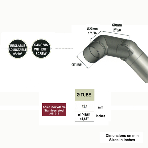 Connecteur gauche rglable orientable 0  70 42,4mm INOX316 Connecteur tube rond INOX316 Conn