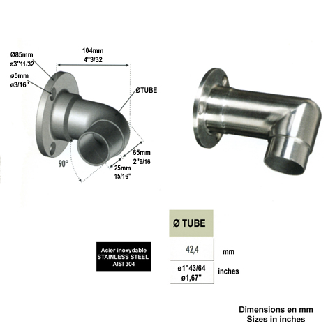 Connecteur d`angle 90 42,4mm INOX304 Connecteur mural pour tube INOX Connecteurs de tube INOX