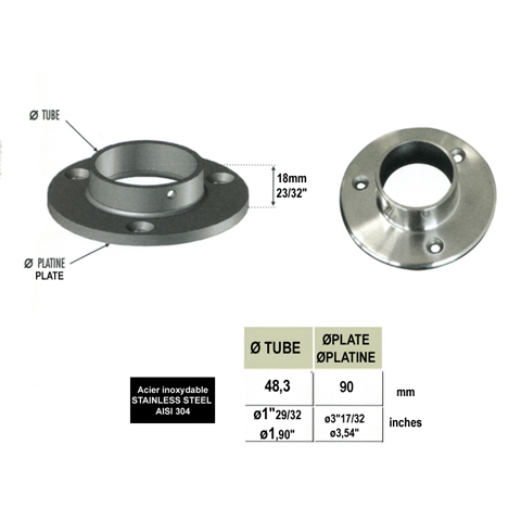 Connecteur droit, plaque de fixation  48,3mm INOX304 Connecteur mural pour tube INOX Connecteu