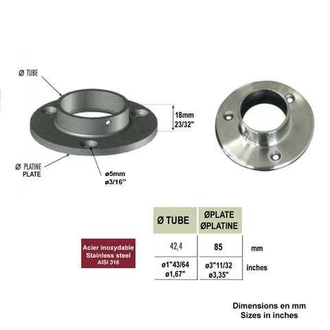 Connecteur droit, plaque de fixation  42,4mm INOX316 Connecteur mural pour tube INOX Connecteu