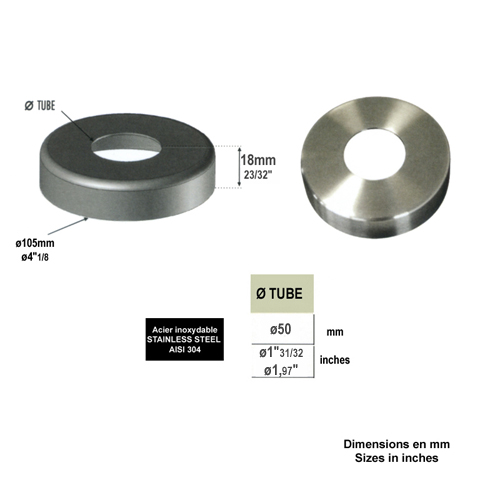 Coupelle cache plaque de fixation  50mm INOX304 Connecteur mural pour tube INOX Connecteurs de