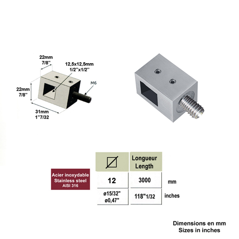 Connecteur en applique pour carr de 12x12mm et tube 40x40mm Pour tube ou poteau inox Connecteu