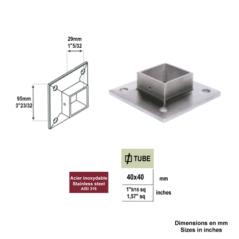 Connecteur droit, plaque de fixation pour 40x40mm 42,4mm INOX316 Connecteur mural pour tube IN