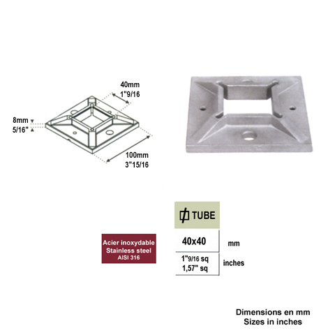 Connecteur droit, plaque de fixation pour 40x40mm 42,4mm INOX316 Connecteur mural pour tube IN