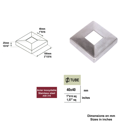 Coupelle cache plaque de fixation 40x40mm INOX316 Connecteur mural pour tube INOX Connecteurs d