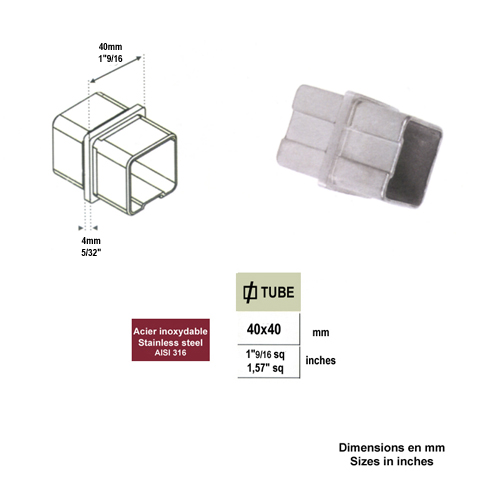 Raccord union pour jonction entre deux tubes de 40x40 INOX316 Connecteur tube carr INOX316 Con