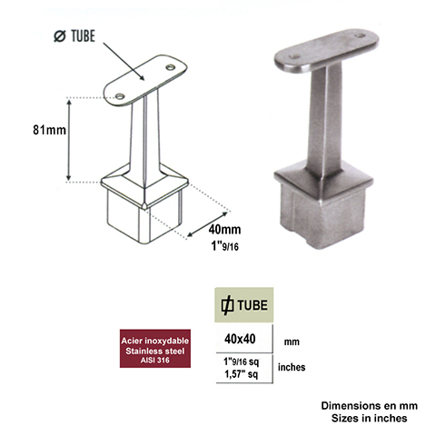 Support de main courante 40x40mm INOX316 Support pour poteau inox 316 Support de main courante 