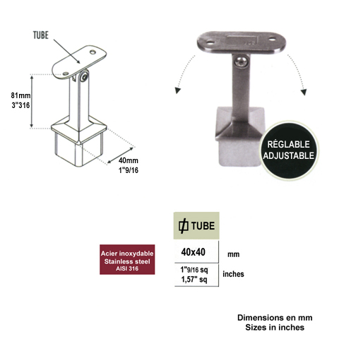 Support pivotant de main courante carre ou plate et poteau 40x40mm INOX316 Support pour poteau