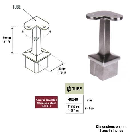 Support d`angle 90 de main courante 40x40mm et poteau 40x40mm INOX316 Support pour poteau inox