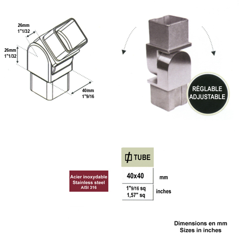 Connecteur orientable 40x40mm INOX316 Connecteur tube carr INOX316 Connecteurs de tube INOX