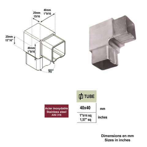 Connecteur en angle coud 90 40 x 40mm INOX316 Connecteur tube carr INOX316 Connecteurs de tu