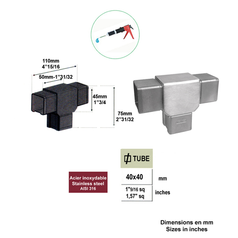Connecteur en T de tube carr 40x40mm INOX316 Connecteur tube carr INOX316 Connecteurs de tube
