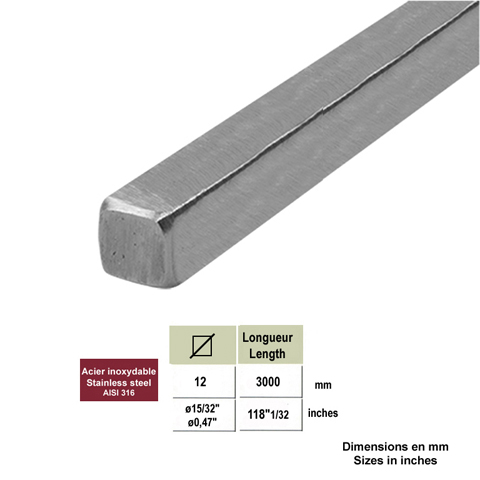 Accessoires Inox Carr plein INOX316 12x12mm bross grain 320