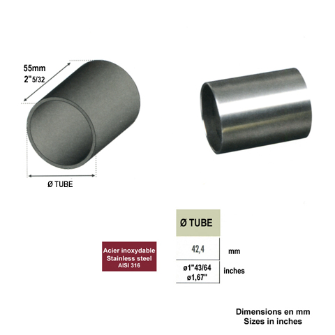 Connecteur union droit 42,4mm INOX316 pour rampes en bois Connecteur INOX de main courante boi