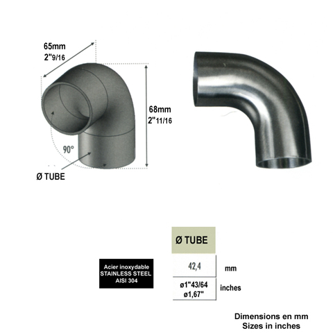 Connecteur coude 90 42,4mm INOX304 pour rampes en bois Connecteur INOX de main courante bois 