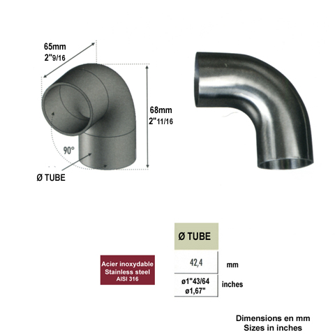 Connecteur coud 90 droit 42,4mm INOX316 pour rampes en bois Connecteur INOX de main courante