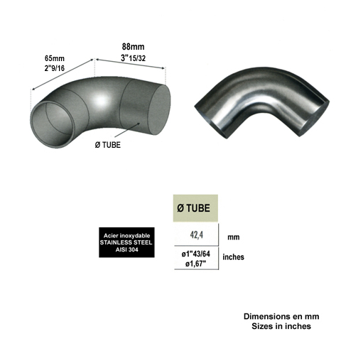 Finition coude 90 42,4mm INOX304 pour rampes en bois Finition INOX de main courante bois Con