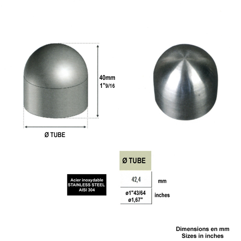 Finition bombe 42,4mm INOX304 pour rampes en bois Finition INOX de main courante bois Connect