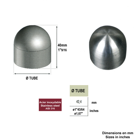 Finition bombe 42,4mm INOX316 pour rampes en bois Finition INOX de main courante bois Connect