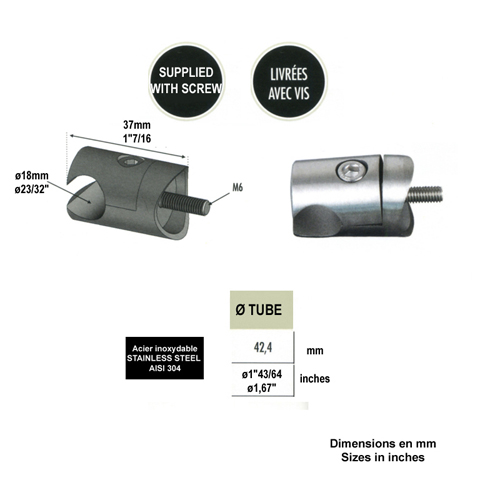 Pince  tle 42,4mm pour profil d`encadrement 18mm INOX304 Profil, raccord et pinces Encadrem