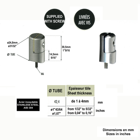 Pince  tle 42,4mm pour plaque paisseur 1  4mm INOX304 Profil, raccord et pinces Encadremen