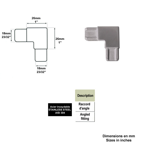 Raccord d`angle pour profil d`encadrement 18x12mm INOX304 Profil, raccord et pinces Encadrement