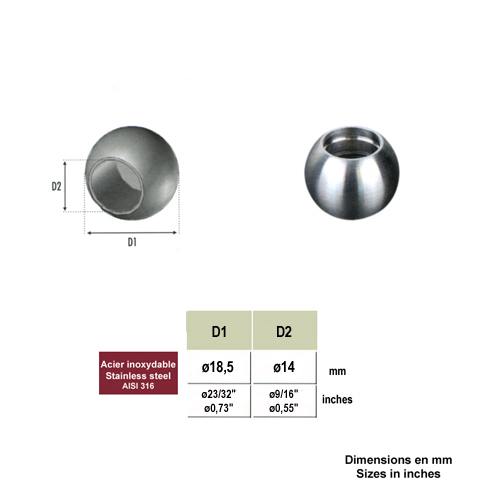 Boules pleines INOX316 18,5mm avec trou borgne 14mm Boules de finition pour rond Boules embou