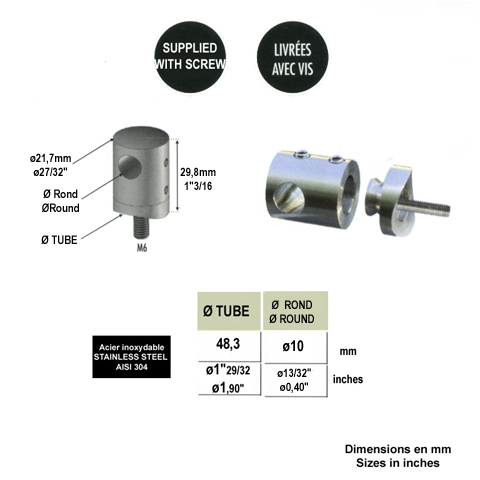 Connecteur en applique pour rond 10mm et tube 48,3mm Pour tube ou poteau inox 304 Connecteur 