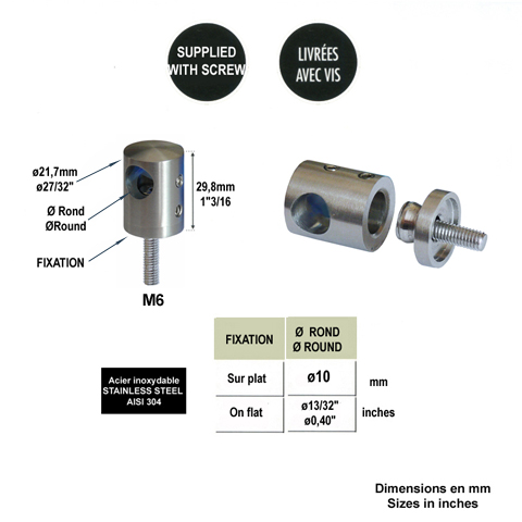 Connecteur en applique pour rond 10mm et plat ou tube carr Pour tube ou poteau inox 304 Conne