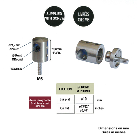 Connecteur en applique pour rond 10mm et plat ou tube carr Pour tube ou poteau inox 316 Conne