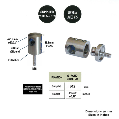 Connecteur en applique pour rond 12mm et plat Pour tube ou poteau inox 304 Connecteur applique