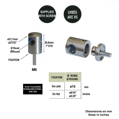 Connecteur en applique pour rond 14mm et plat ou tube carr Pour tube ou poteau inox 304 Conne