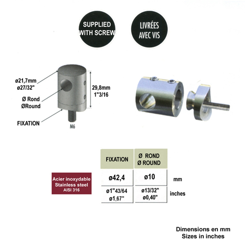 Connecteur en applique pour rond 10mm et tube 42,4mm Pour tube ou poteau inox 316 Connecteur 