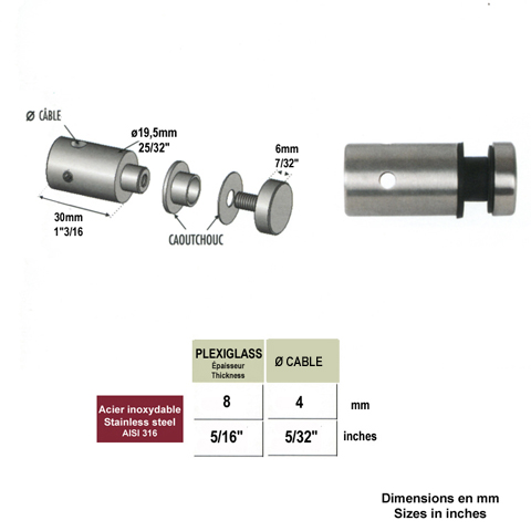 Connecteur en applique pour plexi pr 8mm et cable 4mm Connecteur plexi et cable INOX 316 Conn