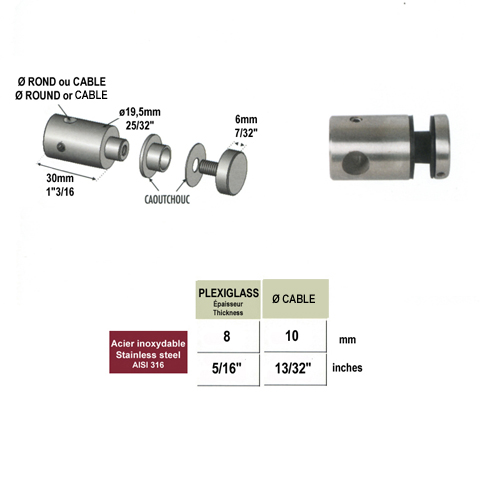 Connecteur en applique pour plexi pr 8mm et rond 10mm Connecteur plexi et rond INOX 316 Conne