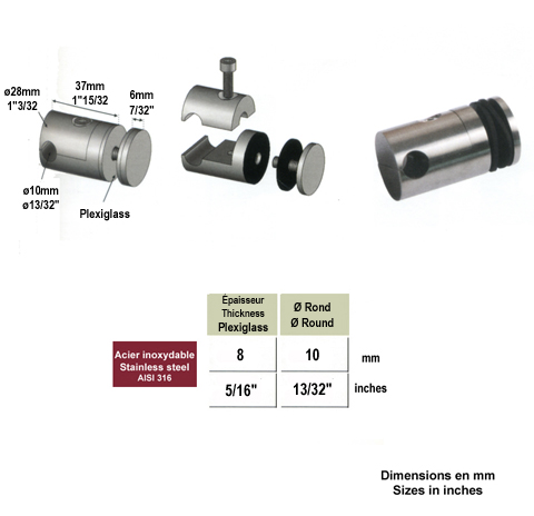 Connecteur en applique pour plexi pr 8mm et rond 10mm Connecteur plexi et rond INOX 316 Conne