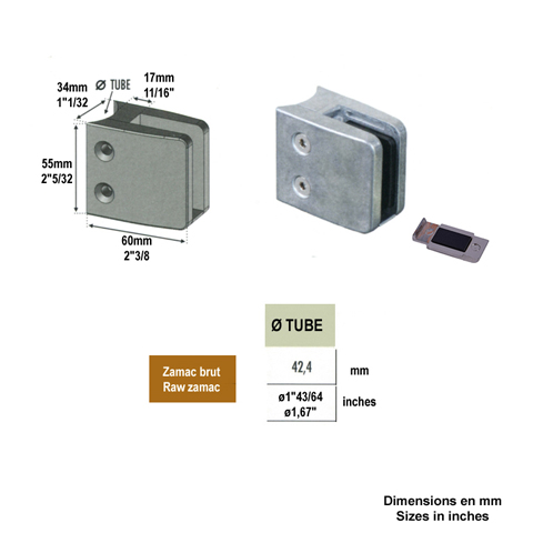 Pince  verre carre 55mm en zamac brut pour tube 42,4mm Pince  verre en Zamac Pinces  verre