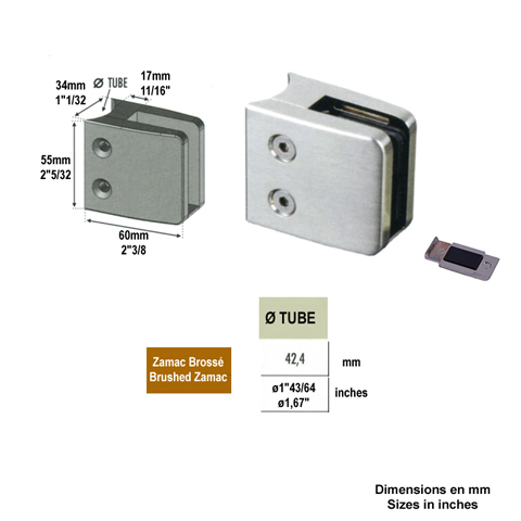 Pince  verre carre 55mm en zamac bross pour tube rond 42,4mm Pince  verre en Zamac Pinces 